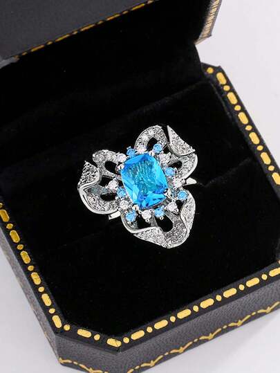 Anillo ajustable con flor hueca y geometría azul, joyería de uso diario y regalo para mujeres