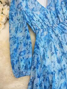 Women's Vintage Blue Ruffle Hem Dress - Long Sleeves V-Neck, Asymmetrical Detailing, Bohemian Dress Casual To Dressy, Bohemian Style, Bohemian Dress |   Vintage Style Dress, Women's Evening Maxi Dress For Party, Dance, Concert, Holiday, Fashionable And Elegant Western Style - 淺藍色 - 查看 3