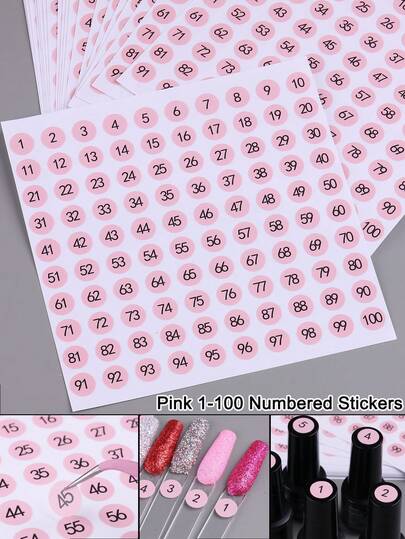 Nhãn số màu sơn móng tay hồng 1-100, nhãn dán số thứ tự chống thấm nước, tự dính, dùng để làm đẹp móng.