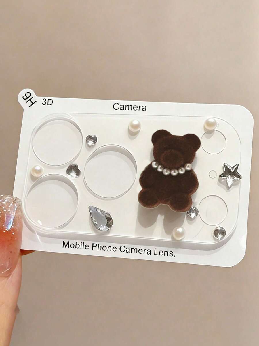 Miếng dán bảo vệ ống kính camera hình gấu 3D dễ thương, đính ngọc trai pha lê, chống trầy xước, trong suốt, phù hợp với 17 Pro Max 17 Pro, lớp bảo vệ ống kính camera trong suốt bền chắc. - Gấu nâu sẫm - Xem 1