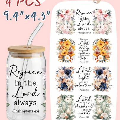 Bộ 4 miếng dán chuyển nhiệt UV DTF cho cốc thủy tinh 16oz (9.4x4.3in), không cần nhiệt, thiết kế câu Kinh Thánh Cơ Đốc giáo tiếng Tây Ban Nha và tiếng Anh, hình hoa bướm, chống thấm nước, tự dính, dùng để dán lên cốc Libbey, quà tặng DIY cho phụ nữ.