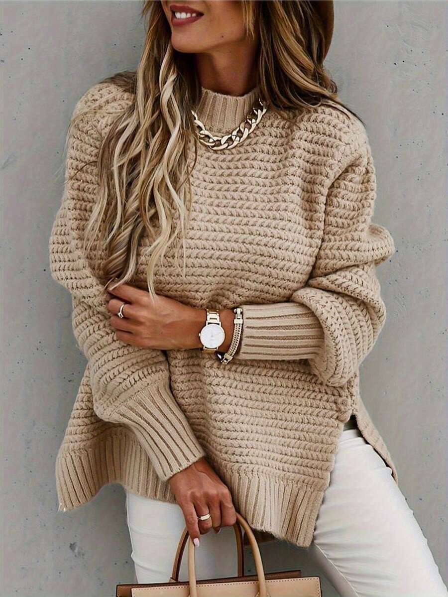 Chunky Mock Neck Knit Sweater, Long Sleeve Balloon Sleeve Pullover Fall Winter Outfit, Relaxed Fit Side Slit Textured Knit Top | Soft Breathable Knit | Multi-Color Options | Perfect With Jeans Casual Textured Knit Balloon Sleeve Sweater | Mock Neck & Ribbed Cuffs | Oversized Loose Fit | Soft Lightweight Fabric | Streetwear & Lounge Essential | Vibrant Solid Colors | Brunch & Date Outfit