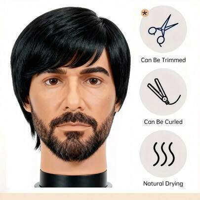 Men's Short Black Layered Velvet-Like Synthetic Wig, Heat Resistant, Suitable For Halloween Cosplay, Party Performance And Role-Playing Games