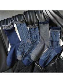 5双装女士藏蓝色复古中筒袜，经典休闲款式，适合秋冬季日常穿着 - 彩色 - 查看 2