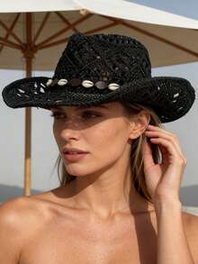 1pc Raffia Hat, Women/Men Straw Hat, Hollow Out Cowboy Style, Retro Vibe, Fashionable For Spring & Summer Vacation - A - View 2