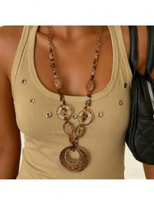 1pc Bohemian Style Vintage Random Glass Bead & Acrylic Hollow Disc Pendant Necklace, Suitable For Daily Casual Wear With Sweaters & Coats In Autumn/Winter - Brown - View 5