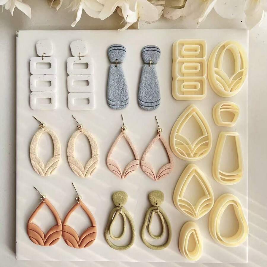 聚合物粘土耳环模具，不对称几何/莲花造型粘土雕塑工具，波西米亚风格手工模具，珠宝制作套装，适用于项链吊坠、手链、耳环 - 黃色 - 查看 1