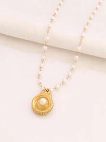1pc Stainless Steel Pearl Shell Pendant Necklace For Women Fashion Simple Elegant Pearl Beads Necklaces Jewelry - Necklace - View 7