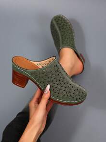 Women's Fashion Mule Shoes: Chunky Heel Design, Casual Wear With Jeans/Skirts, Elegant Bohemian Buckle Decor - Olive Green - View 1