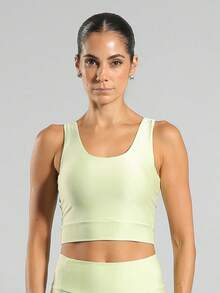 FITNATION Leggings Set With Waistband Pocket + Longline Cropped Top In Micro-Ribbed Fabric With SHINE And HIGH Elasticity And Support. - Verde Lima - Ver 5