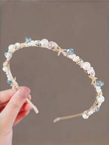 1 pièce Serre-tête pour filles, design attrayant en métal fin avec perles, saphirs, coquillages et étoiles de mer de haute qualité. Convient pour le port quotidien, les vacances à la plage et d'autres occasions - Multicolore - Voir 4