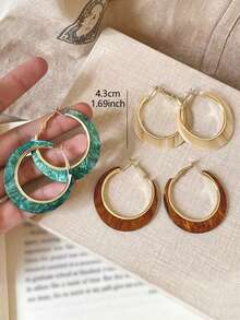 3 Pairs Vintage Resin Big Hoop Earrings, Elegant Minimalist Exaggerated Hoops, Suitable For Party, Vacation, And Daily Wear - Multicolor - View 4