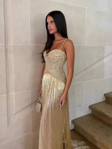 Mingyuan's Light Luxury Temperament Elegant Banquet Party Women's Sexy Tassel Backless Suspender Sequin Studded Tassel Dress Long - 杏色 - 查看 2