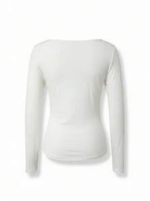 1pc Women Deep V-Neck Twist Knot Hem Long Sleeve Base Layer Top - White - View 7