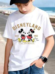 Disney Officially Licensed Timeless Mickey & Minnie Disneyland California 1955 Artwork Boys Fun T-Shirt Versatile Easy-To-Clean Top For Family Outings And Casual Gatherings - 白色 - 查看 1