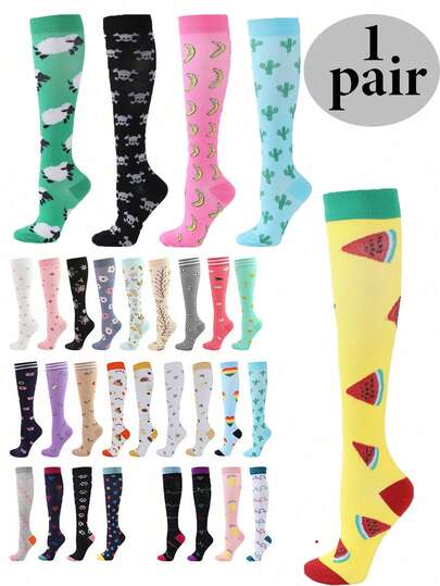 1 Pair Women's Calf Compression Socks, Sports Compression Socks For Jumping Rope, Running, Various Styles For Women And Men, Elastic Knee-High Socks