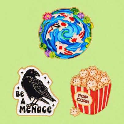 Cute Cartoon Popcorn Cat Enamel Pins Koi Fish Animals Crow Quotes Brooch Lapel Pin Badge On Backpack Clothing Accessories Fashion Jewelry Gifts