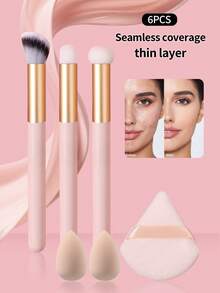 6件套化妆刷套装，含化妆海绵，包括粉底刷、遮瑕刷、晕染刷、液体彩妆调色工具，适合日常和旅行使用。 - 杏色 - 查看 2