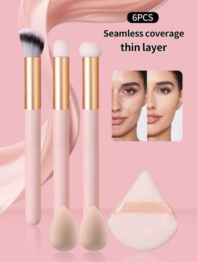 6件套化妆刷套装，含化妆海绵，包括粉底刷、遮瑕刷、晕染刷、液体彩妆调色工具，适合日常和旅行使用。
