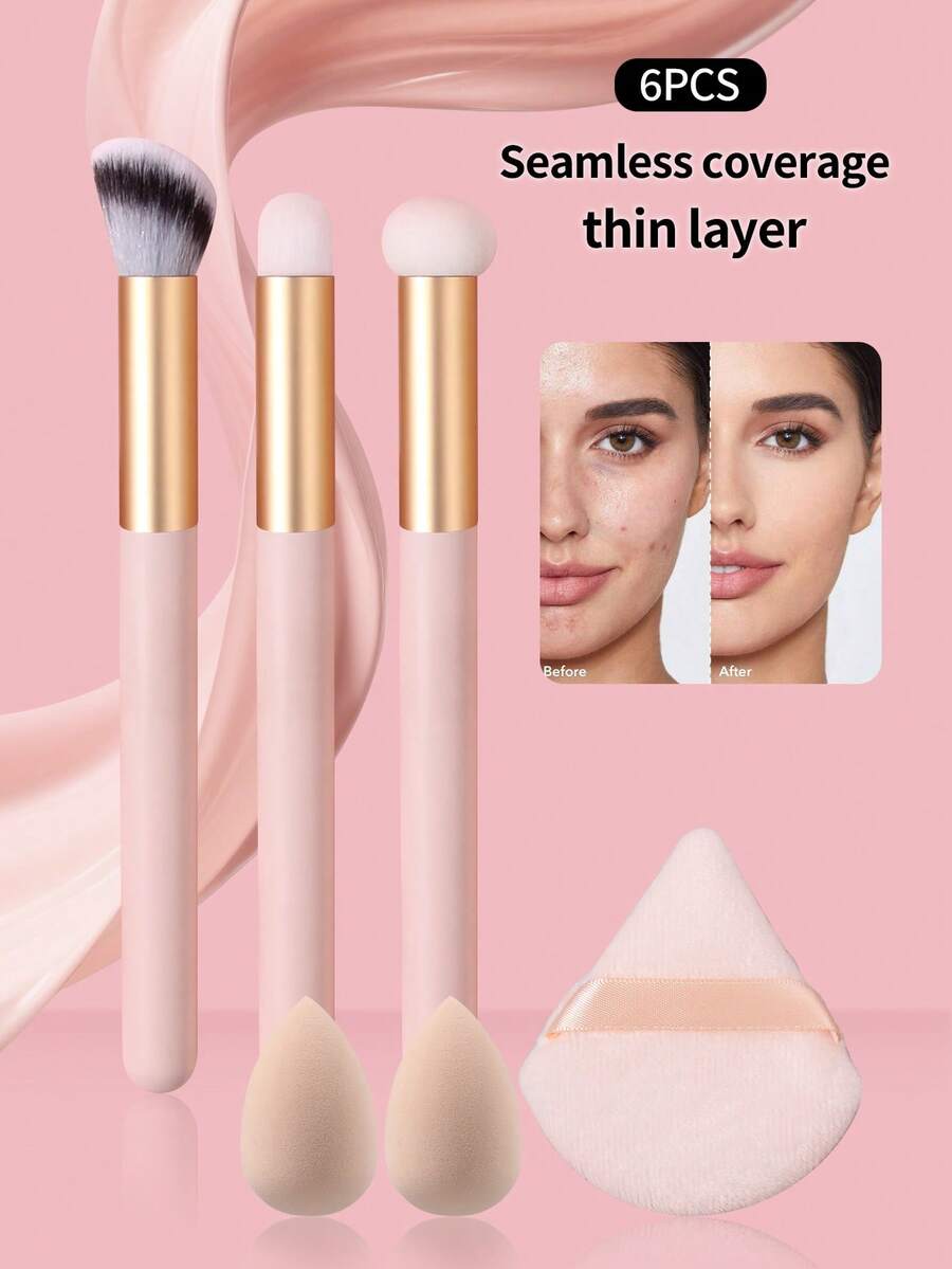 6件套化妆刷套装，含化妆海绵，包括粉底刷、遮瑕刷、晕染刷、液体彩妆调色工具，适合日常和旅行使用。