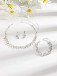 Rhinestone Necklace, Earrings And Bracelet Set, Suitable For Weddings, Graduations And Daily Wear,Classy,Festival - White - View 6