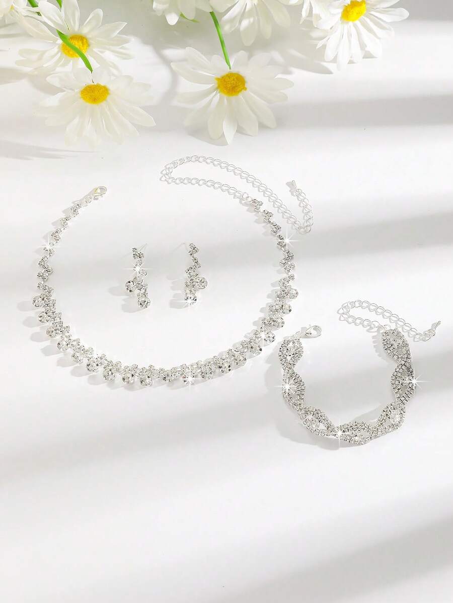 Rhinestone Necklace, Earrings And Bracelet Set, Suitable For Weddings, Graduations And Daily Wear,Classy,Festival - White - View 1