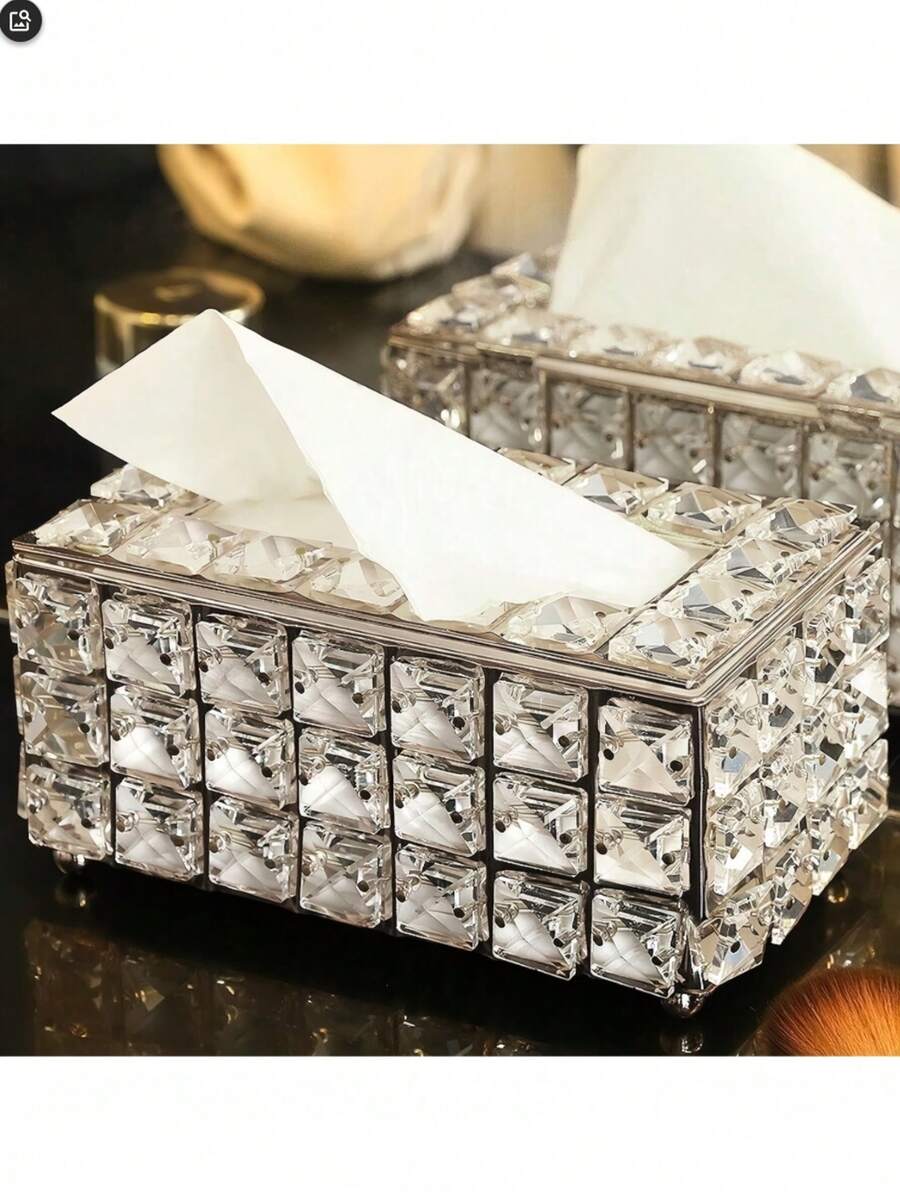 1pc European Luxury Crystal Tissue Box, High-End Exquisite, Suitable For Club, Office, Hotel And Home, Great Housewarming Or Mother's Day Gift - Silver - View 1