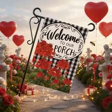 1pc Welcome To Our Porch Garden Flag (12"X18"), Double-Sided Yard Flag, Holiday Supplies, Holiday Arrangements, Garden Decor, Yard Outdoor Small Decorations Burlap, Yard Decor, Yard Supplies, Party Decor, Wedding Event Party Daily Decor (No Pole) - Black Check Rose Style - View 3