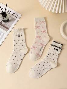 4双随机粉色蝴蝶结中筒袜，休闲日常穿着及礼品 - 彩色 - 查看 2