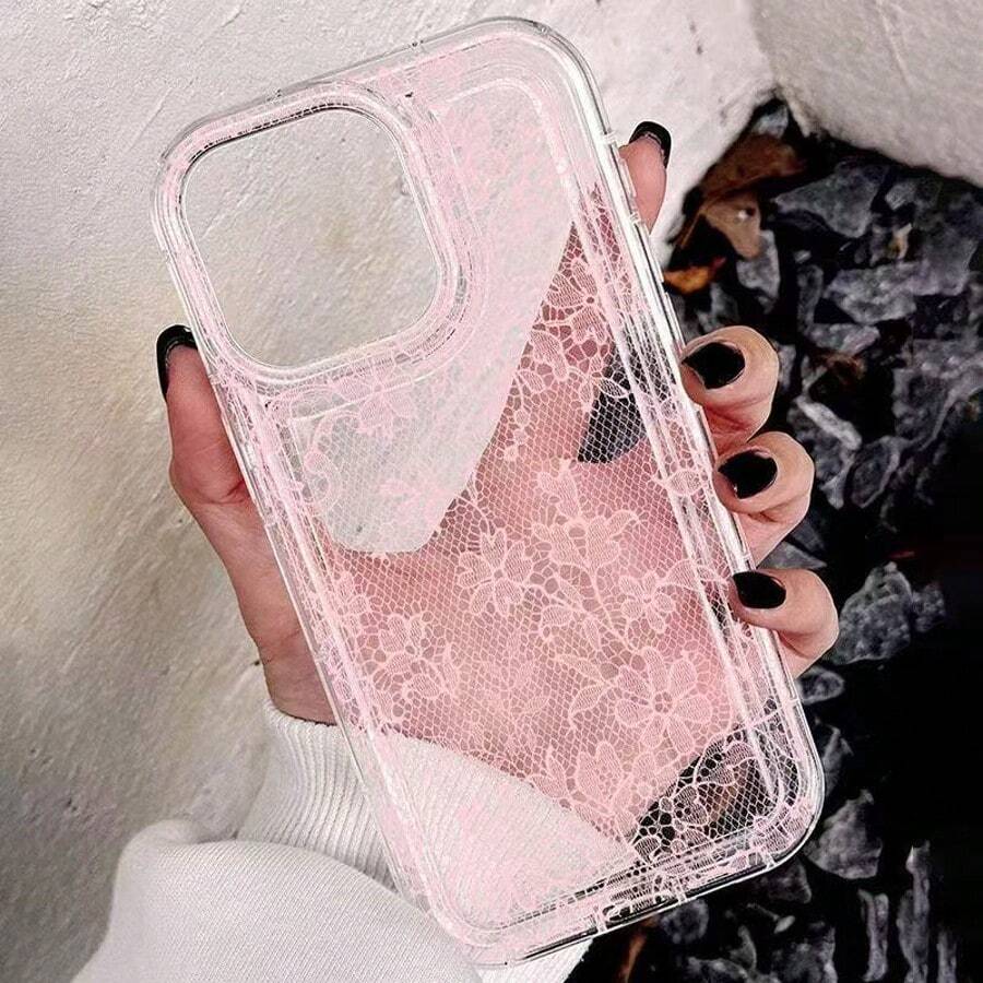 1个优雅浪漫粉色蕾丝图案透明气垫软手机壳，适用于苹果17/17 Pro Max/11/12/13/14/15/16 Pro Max - 彩色 - 查看 1