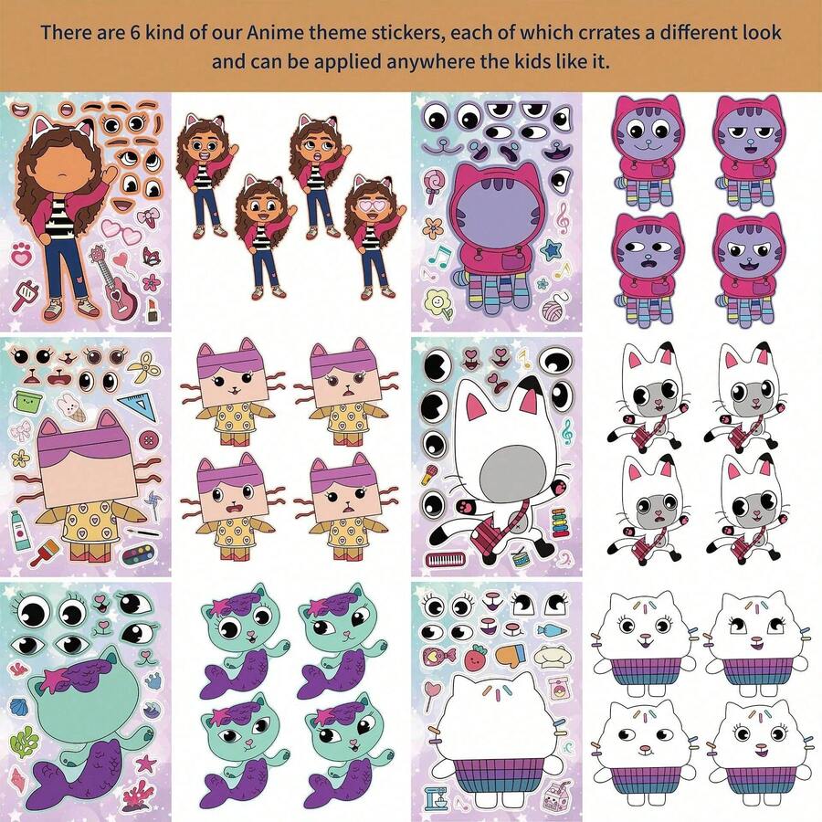 6 pièces/set Les amis de la maison de poupée de Gabby, autocollants interactifs de visage de bande dessinée pour enfants à tenir dans la main, cadeaux de bas de Noël, cadeaux de Noël, décorations de Noël - Multicolore - Voir 1