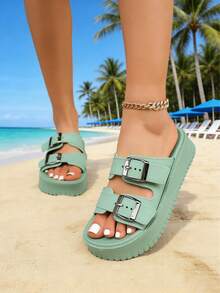 FZY Summer New Matte EVA High-Heeled Women's Slippers With Metal Square Buckles, Double-Layer Adjustable Strap Design. Wide Toe And Arch Support For Comfortable And Non-Fatiguing Wear. Waterproof, Anti-Slip, Wear-Resistant, Lightweight. 4cm. Fashionable And Versatile, Available In Multiple Colors. Women's Sandals. Lightweight, Waterproof, Easy To Clean. Long Wear Does Not Tire The Feet. Suitable For Indoor And Outdoor Use. Daily Commuting, Beach Vacation Casual Loungewear. Simple Style, Suitable For Casual Dresses And Pants. Everyday Slip-On Casual Shoes. Elegant Women's Shoes For Easter. - màu xanh lá - Xem 4