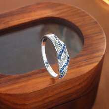 独特的蝴蝶结丝带扭绳蓝色几何圆形戒指，情人节送给女性的珠宝礼物 - 白色 - 查看 8