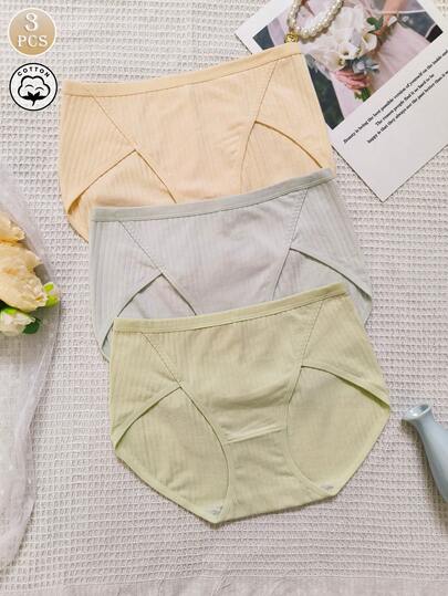 3条装女士纯色棉质条纹优雅舒适中腰内裤，家居内衣