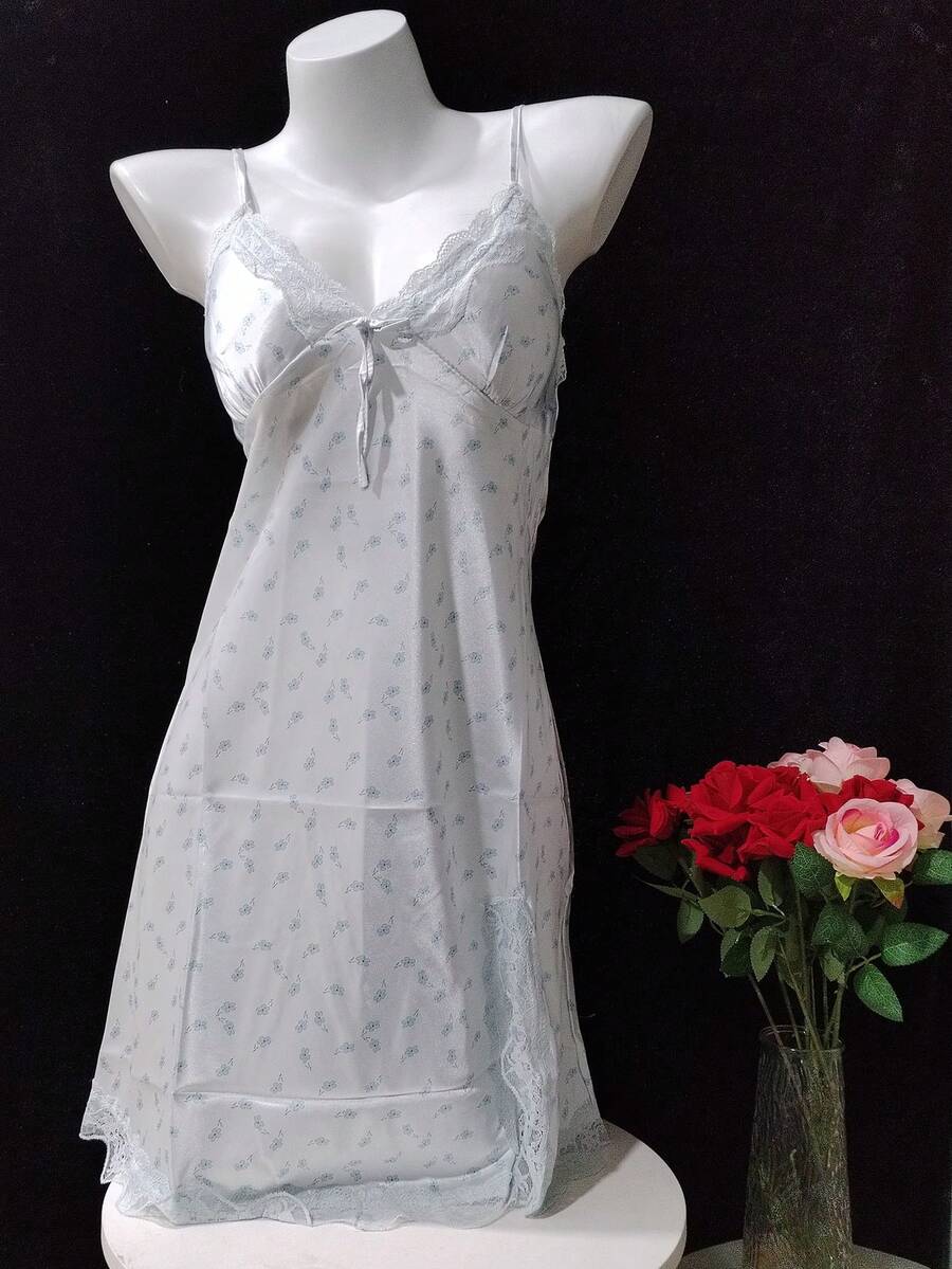 性感睡衣，缎面长袖吊带睡裙，带胸垫，丝滑家居服，可作外穿，含睡袍 - 淺藍色 - 查看 1