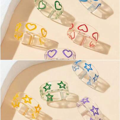 Acrylic Resin Transparent Star & Heart Shaped Rings, Colorful Personalized Cute Stackable Rings For Summer