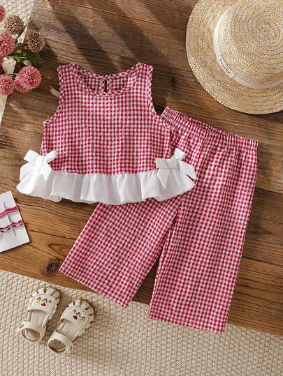 Baby Girls' Cute & Elegant Round Neck Sleeveless Bow Decor Back Half-Open Plaid Vest With Ruffle Hem Design, Paired With Plaid Pants, 2pcs Set, Fashion Versatile Baby Girl Birthday Gift, Infant Party Favor, Daily Outfit For Spring & Summer