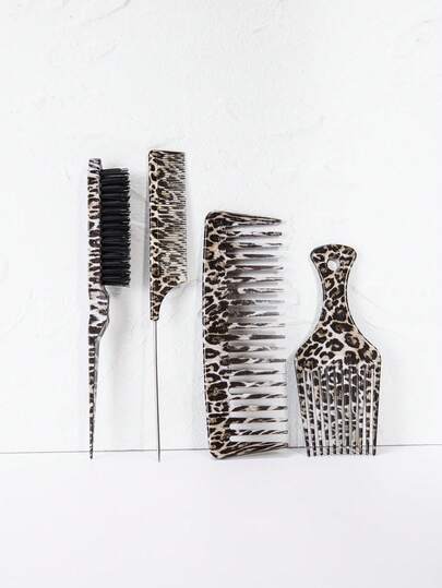 WANMEI 1Pc-4Pcs Leopard Print Wide-Tooth Comb Set Includes A Tail Comb, Hair Wax Comb, And Detangling Comb. Suitable For Both Dry And Wet Hair Care, It's Ideal For Curly, Straight, And Wavy Hairstyles. Unisex, Suitable For Salon And Home Use. Ideal For Dry And Wet Styling, Sensitive Scalps, Post-Straightening, Post-Perm, And Post-Cut Hair Care