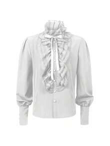 Spring And Autumn New Clothing Medieval Gothic Style Men's Shirt Inner Garment Women's Long Sleeve Top Solid Color Cosplay Costume - Áo sơ mi nam xếp ly, màu trắng - Xem 1