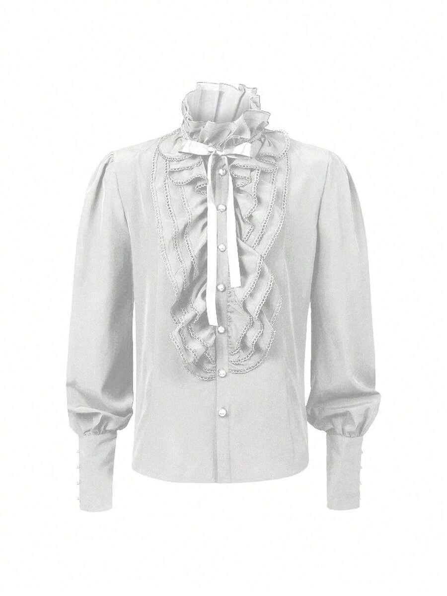 Spring And Autumn New Clothing Medieval Gothic Style Men's Shirt Inner Garment Women's Long Sleeve Top Solid Color Cosplay Costume - Áo sơ mi nam xếp ly, màu trắng - Xem 1