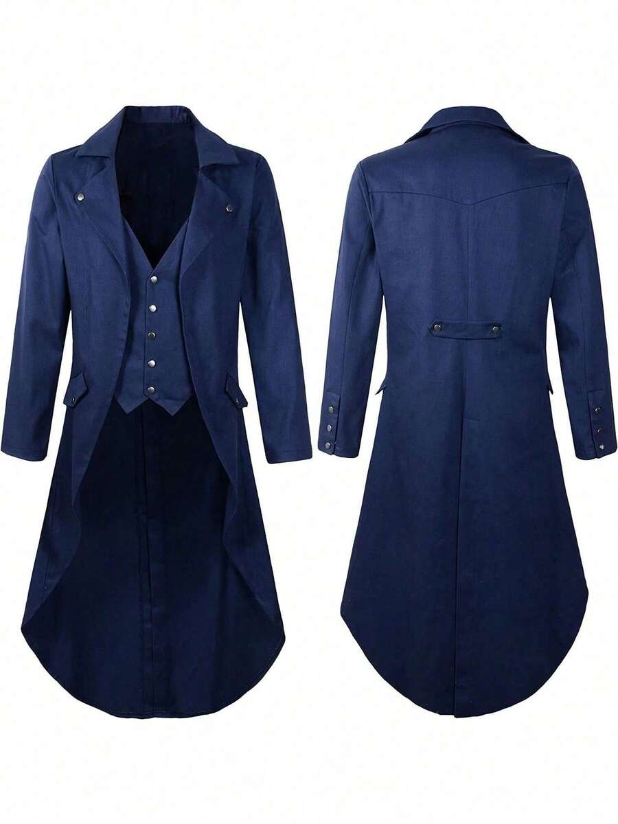 New Halloween Costume For Men, Gothic Style, Black Coat, Victorian Era Steampunk Costume, Men's Cosplay Outfit - 蒸氣燕尾服藏藍色 - 查看 1