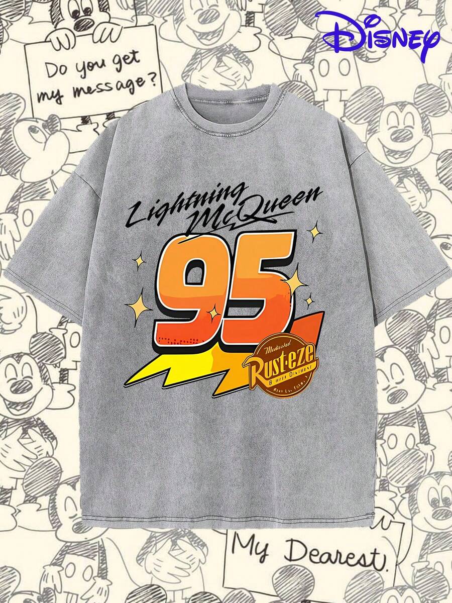 Disney Cars Lightning McQueen 95 "Rusteze" Vintage Washed Oversized T-Shirt. Authentic Licensed Fashion Cartoon Short-Sleeved Design, Men's Pure Cotton Washed T-Shirt. Soft And Breathable, A Great Gift For Disney Fans. - Xám - Xem 1