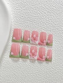 10pcs Premium Elegant Acrylic Nail Art Set, Handmade 5-Petal Flower Nail Decorations, Silver Rhinestone Accents, Pink 3D Camellia, Green Nail Polish, Includes Nail Tools (1 Jelly Sticker + 1 Nail File), 3 Sizes Available: Almond, Duck Mouth, Coffin Shape, Suitable For Women And Girls Press On Nails - Nhiều màu - Xem 16