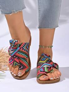 彩虹蝴蝶结女士平底凉鞋，舒适按摩鞋底彩色沙滩拖鞋 - 玫紅色 - 查看 6