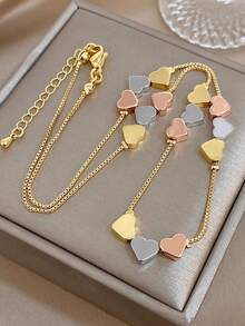 1Pc 18K Gold Plated Anti-Fading Modern Romantic Light Luxury Love Pendant Necklace, Three-Tone Heart In Gold Silver & Rose Gold, Women's Adjustable Statement Jewelry For Valentine's Day, Anniversary, Daily Wear, Party, Birthday Gift, Romantic Versatile Accessory - Multicolor - View 9