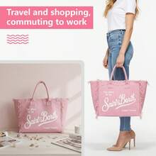 Canvas Bag With Tassels And Lettering, Large Women's Handbag, Leopard Print Shoulder Bag - Hồng - Xem 3