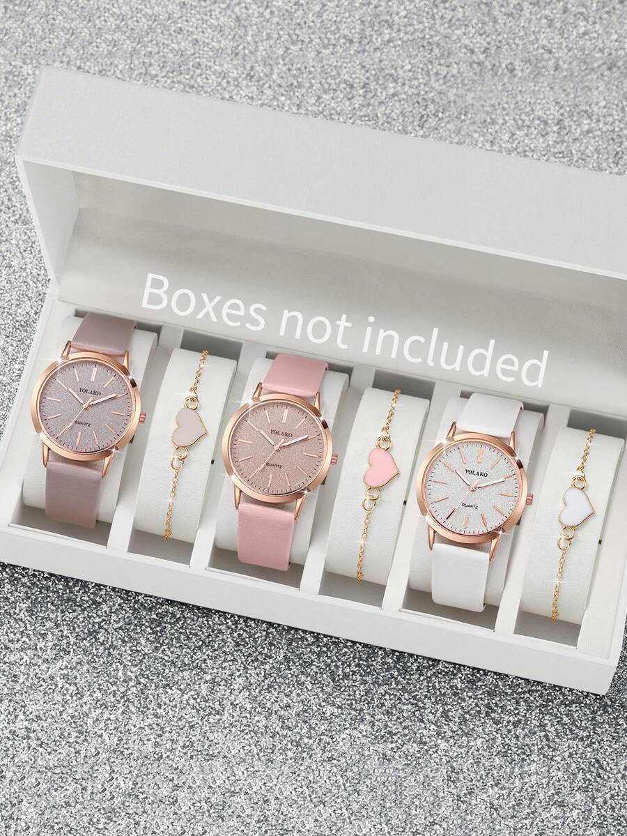 6pcs/Set Women's Gift Watch, Fashion Casual Glitter Dial Quartz Wristwatch + Heart Charm Bracelet (Watch Box Not Included) - Multicolor - View 1