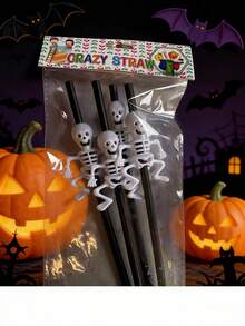 4pcs Halloween Party Straw Toppers, Creative Skull & Pumpkin Shaped Artistic Straws - Multicolor - View 7