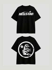 Hellstars Star Logo Flame Silhouette Retro T-Shirt Double Sided Printed (220g 100% Cotton T-Shirt), Summer Clothes, Women's Tops, Casual And Comfortable, Fashionable Graphic Tee, Unisex Style - 黑色 - 查看 1