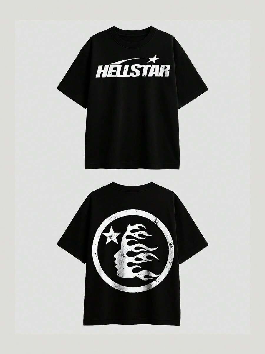 Hellstars Star Logo Flame Silhouette Retro T-Shirt Double Sided Printed (220g 100% Cotton T-Shirt), Summer Clothes, Women's Tops, Casual And Comfortable, Fashionable Graphic Tee, Unisex Style - 黑色 - 查看 1
